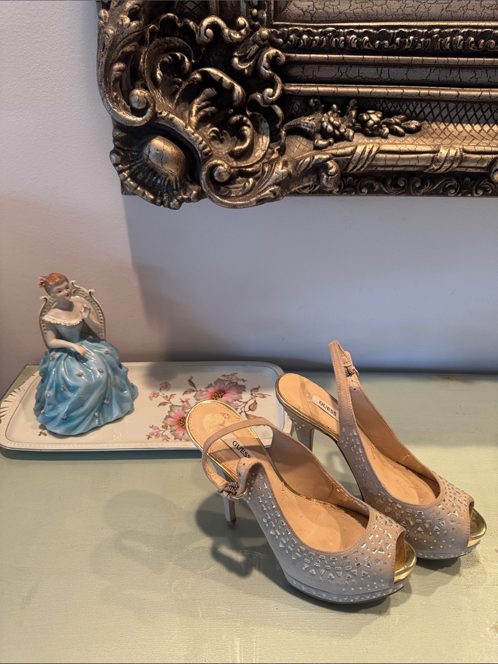 GUESS Champagne Peep-Toe Slingback Heels with Crystal Cutouts